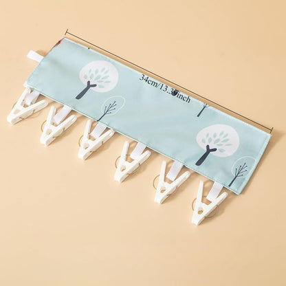 1pc Tree Print Foldable Travel Hanger Portable Fabric Space Saving Hanging Clothes Drying Rack with 6 Clips and Hook Loop Fastener - color: L-blue