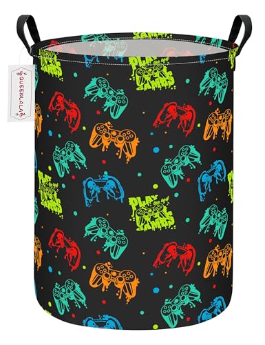 QUEENLALA Foldable Waterproof Round Fabric Laundry Basket Home, Black Game - color: Round-Black Game