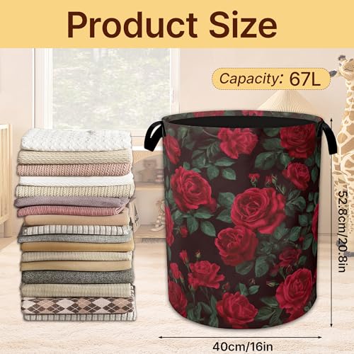 Red Rose Flower Laundry Basket Collapsible with Handles,Waterproof Oxford Cloth Hamper,16 x 20.8 Inch Storage Organizer for Bathroom Bedroom Dorm - color: Red Rose Flower