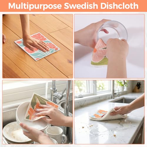 6 Pack Swedish Dishcloths for Kitchen,Abstract Floral Dish Towel with Clip - color: Pink Abstract Floral