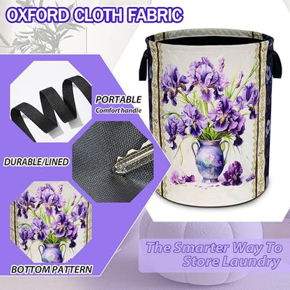 Purple Iris Flower Laundry Basket Oxford Cloth Floral Hamper 18.9 x 16.5 In - color: Iris Flower