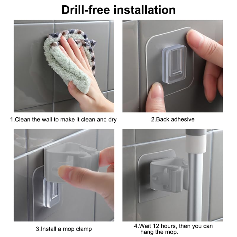 2Pcs Broom Holder Wall Mount, Self Adhesive Mop Holder with Anti-Slip Gripper, Cleaning Tools Sticker Hook for Garden Garage Bathroom Kitchen Toilet, Grey