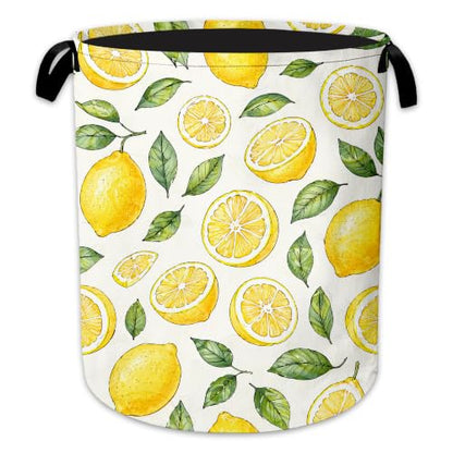 Lemon Slices Laundry Basket, Green Leaves Collapsible Laundry Hamper Waterproof Oxford Cloth With Handles, Clothes Storage Bucket For Bathroom/Bedroom 16" x 20.8" - color: Lemon Slices