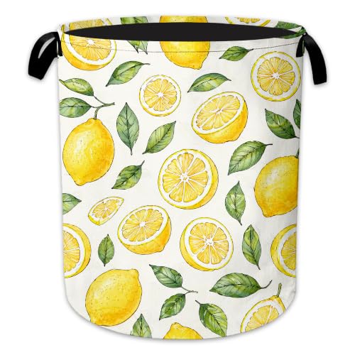 Lemon Slices Laundry Basket, Green Leaves Collapsible Laundry Hamper Waterproof Oxford Cloth With Handles, Clothes Storage Bucket For Bathroom/Bedroom 16" x 20.8" - color: Lemon Slices