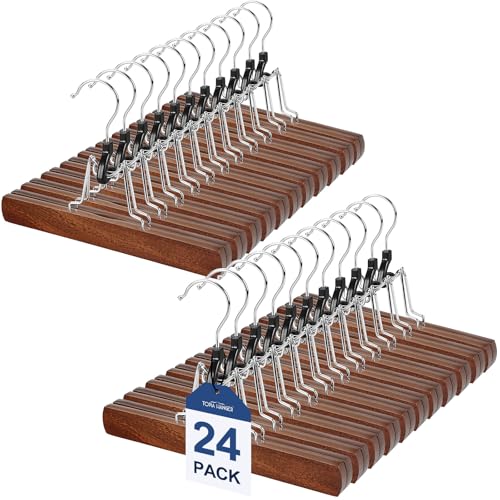 TOPIA HANGER 24 Pack Wooden Pants Hangers, Hair Extension Hangers Non Slip Skirt Hanger Wood Clamp with Velvet Padded 360° Swivel Hook for Jeans, Skirts, Trousers, Wigs Walnut CT68WA - color: Walnut, size: 24 Pack
