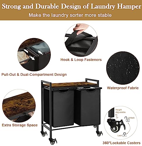 Double Laundry Hamper with Wheels & 2 Pull Out Section Removable Bags, Extra Large Dual Rolling Laundry Sorter Basket Organizer with Shelf for Bathroom, Bedroom, Laundry Room, 2 x 9Gal, Black
