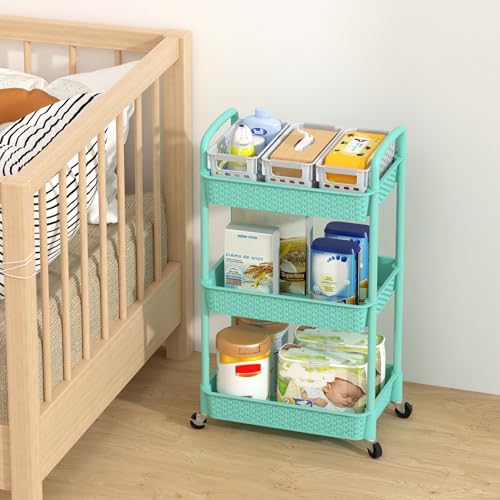 MOYIPIN 3-Tier Plastic Rolling Utility Cart with Handle,Turquoise - color: Turquoise, size: 3-Tiers without cups