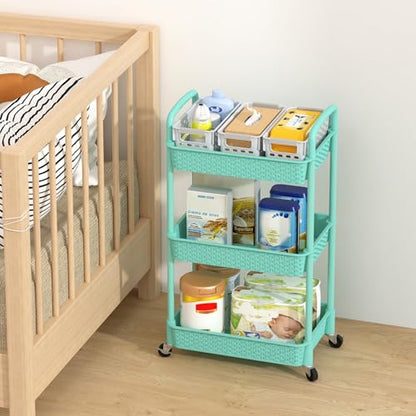 MOYIPIN 3-Tier Plastic Rolling Utility Cart with Handle,Turquoise - color: Turquoise, size: 3-Tiers without cups