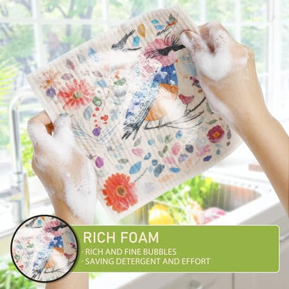 Swedish Dishcloths for Kitchen Reusable 6 Pack Kitchen Towels No Odor Quick-Drying Reusable Paper Towels Reusable Paper Towels Washable for Countertop Sink Kitchen Flower Bird - color: Bird Flower