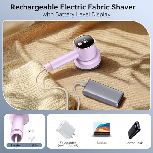 Rechargeable Fabric Shaver, 6-Leaf Blades, LED Display, 3 Speeds - color: Pink