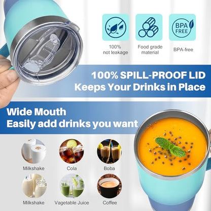 30 oz Stainless Steel Tumbler with Handle, Double Wall Vacuum Insulated Coffee Mug with Lid and Straw, Thermal Cup for Cold and Hot (Light Dark Blue) - color: Light Dark Blue, size: 30 Ounces