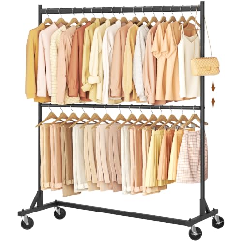 Hoctieon Double Rod Z Rack, Rolling Clothes Racks with Z-Base, Adjustable Clothing Rack, Standing Clothes Rack, Metal Clothing Racks for Hanging Clothes, Portable Garment Rack, Black - color: Black (1 Pack)