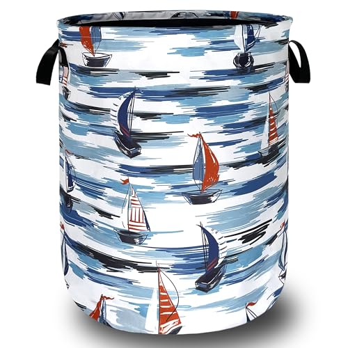 Blue Seafaring Theme Print Laundry Basket Oxford Cloth Hamper 18.9x16.5Inch - color: Blue Seafaring Theme