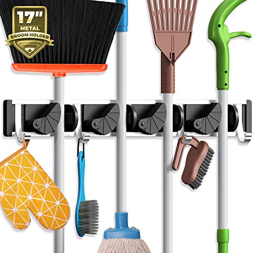 Holikme Mop Broom Holder Wall Mount Metal Pantry Organization and Storage Garden Kitchen Tool Organizer Wall Hanger for Home Goods (4 Positions with 4 Hooks, Black) - color: Black
