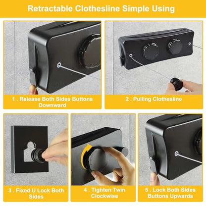 Longzhuo16.7 Ft Retractable Clothesline Indoor, 2 Wire Holds 88 lb(Single 44 lb) Wall Mounted Prevent Sagging Clothes Drying Line, for Balcony, Laundry Room, Yard, Dormitory (Black)