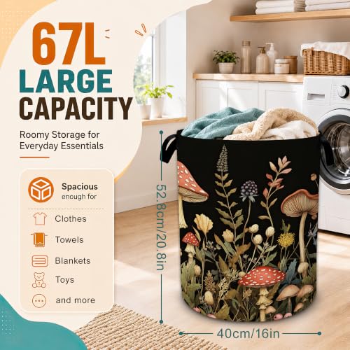 Red Mushrooms Laundry Basket,Wildflower Plant Berries Large Collapsible Portable Round Laundry Hamper with Handles,Oxford Storage Bin for Clothes,Blankets,Bedroom,Bathroom - color: Red Mushrooms Wildflower Plant Berries