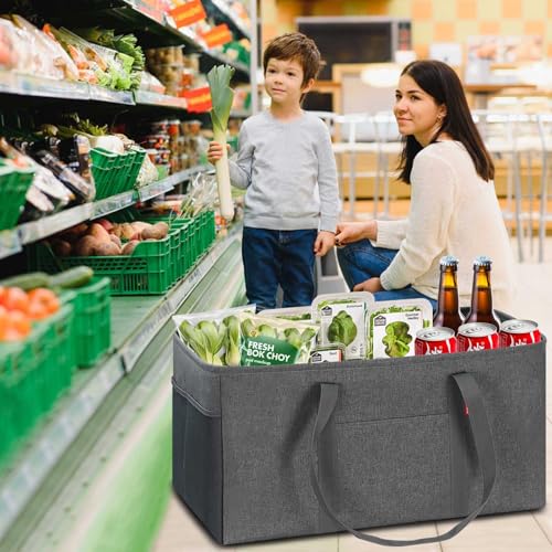 LHZK Standing Extra Large Utility Tote Bag with Metal Wire Frame and the Sides Rinforced, Extra Large Tote Bag with Handle, Reusable Grocery Bags Foldable, Beach Bag, Car Tote (Grey) - color: Dark Gray, size: 22.5''x10.5''x12''-1 Pack
