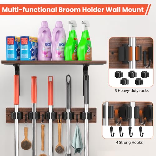 Broom Holder Wall Mount, Wooden Shelf, Rustic Wood Broom Hanger - size: 16.9"Small
