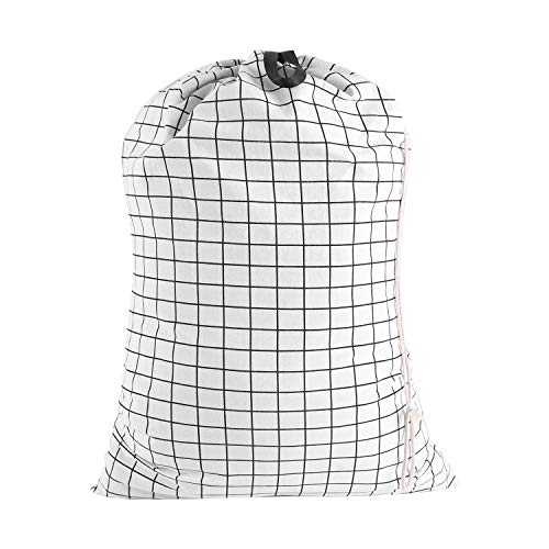 SWISSELITE Heavy Duty Laundry Drawstring Bag with Strap, 28 x 40 Inches Travel Dirty Clothes Bag for Laundromat and Household, 6 Color - color: Check White-Black Line