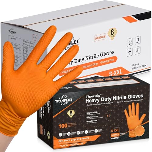TitanFlex Heavy Duty Industrial Orange Nitrile Gloves, 8-mil, Gloves Disposable Latex Free with Raised Diamond Texture Grip, Powder Free, Rubber Glove, Mechanic Gloves,1000-ct Case (Large) - color: 03 8mil (1000ct), size: Large