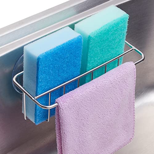 TESOT Sink Caddy Sponge Holder for Kitchen Sink Dish Cloth Hanger 2 Suspension Options(Suction Cups and Adhesive Hook), SUS304 Stainless Steel, Silver - color: Silver
