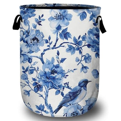 Blue Flower Bird Laundry Basket, Foldable Waterproof Laundry Hamper Tote Bag Dirty Clothes Storage Bucket Organizer for Bathroom/Laundry/Bedroom 15.7"x19.6" - color: Blue Bird Flower