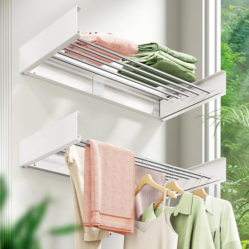 ZdwCyl Wall Mounted Drying Rack,32 inches,Foldbale, Clothes Drying Rack,Laundry Drying Rack Wall Mount,Drying Rack Clothing Space Saver,Retractable,Collapsible,Folding Laundry Rack,White - style: White-Stainless Steel