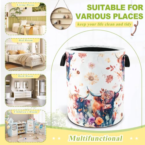 Highland Cow Floral Laundry Basket Foldable Waterproof 18.9 x 16.5 Inch - color: Beautiful Highland Cow