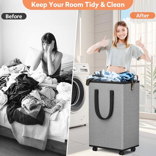 SpaceTrove Rolling Laundry Basket with Wheels, Laundry Hamper, 100L, Grey - color: Grey, size: 100L