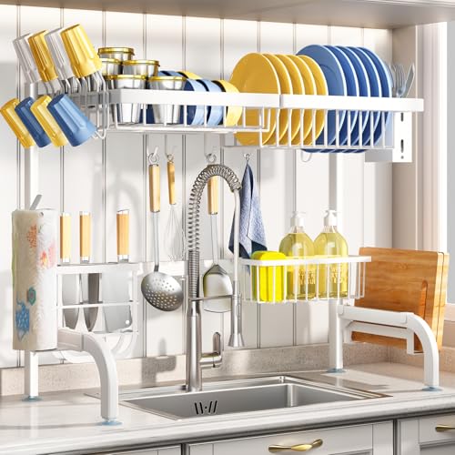 Over The Sink Dish Drying Rack, Adjustable (25.5 to 36.5 inch) 2 Tier Metal Steel Dish Drying Racks for Kitchen Counter with Hooks Paper Towel Utensil Cup Holder Sink Caddy (White) - color: White