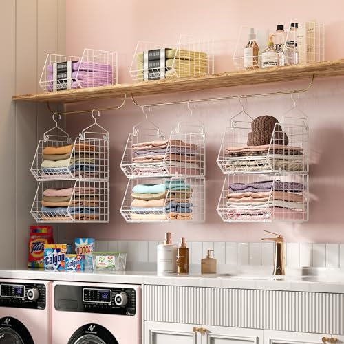 X-cosrack 6 Tier Closet Hanging Organizer, Clothes Hanging Shelves with 4 Hanging Hooks 5 S Hooks, Wire Storage Basket Bins, for Clothing Sweaters Shoes Handbags Clutches Accessories Patent - color: White