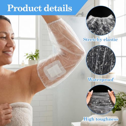 Klmnop 100 Pack Disposable PICC Line Shower Cover, Waterproof Upper Arm Sleeve for Showering, Plastic Shield Protects Bandage & Wound Fits 9-16" Arm Circumference(Clear)