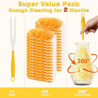 360° Heavy Duty Duster Refills for Swiffer Duster,30 Pack & 1Handle 4X Faster Electrostatic Deep Duster Kit for Cleaning, Pet Hair, Blinds & Car Vents,Lasts 2+ Months, Eco-Friendly & Gift-Ready - size: 30 Count + Short Handle