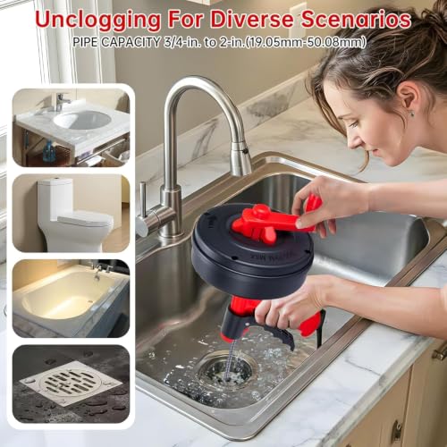 Drain Snake Hair Drain Clog Remover,SEVVETROOL Plumbing Drain Auger Snake Drill Attachment Toilet Snake Auger for Bathroom Kitchen Tub Shower Drain Clog Remover with Gloves(33ft/10M)