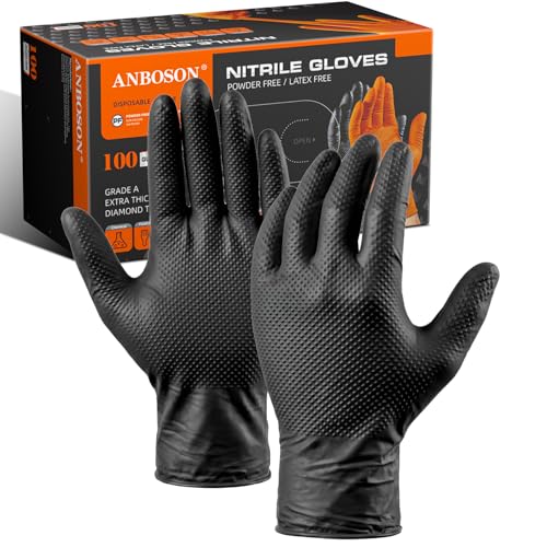 ANBOSON 10 Mil Heavy Duty Mechanic Nitrile Gloves, Medium Black 100 Count - color: Black-100, size: Medium