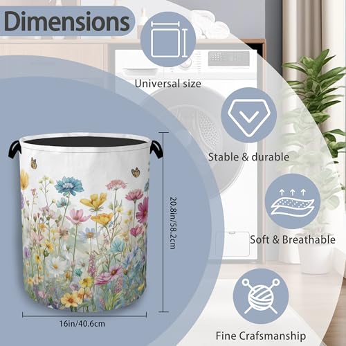 Wildflowers Laundry Basket,Garden Botanical Butterfly Oxford Cloth Laundry Hamper with Handle Foldable Portable Clothes Storage Basket for Bathroom Bedroom Dorm Room 16" x 20.8" - color: Wildflowers Garden Botanical Butterfly
