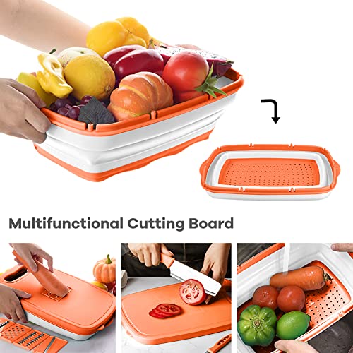 Camping Cutting Board, HI NINGER Collapsible Chopping Board with Colander, 9-In-1 Multi Kitchen Vegetable Washing Basket,Camping Gifts Accessories for RV Campers - color: Orange