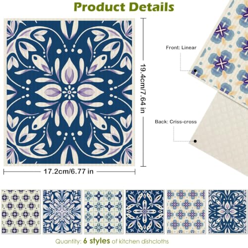6 Pcs Swedish Paper Cloths for Kitchen, Reusable Paper Towels Washable - color: Blue Ornamentation