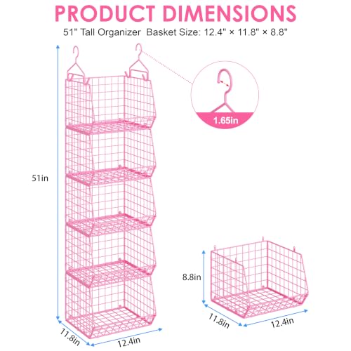 5 Tier Closet Hanging Organizer, Clothes Hanging Shelves with 4 Hanging Hooks 5 S Hooks, Wire Storage Basket Bins, for Clothing Sweaters Shoes Handbags Clutches Accessories Patent Design-Pink - color: Pink