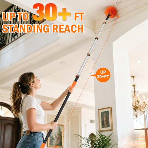 LAANPOLE 36FT High Reach Duster Cleaning Kit with Extension Pole, High Ceiling Fan Cleaner Duster Tool for Fan Blades, Window Washing Kit with Microfiber Feather Duster & Window Squeegee - size: 30FT