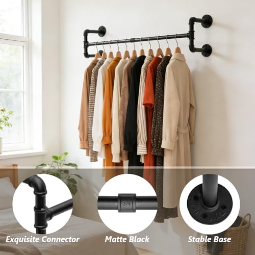 Industrial Pipe Clothing Rack, 32.6 Inch Wall Mounted Garment Rack, Space-Saving Heavy Duty Hanging Closet Rod, Detachable Iron Hanger for Closet and Laundry Room, 4 Bases - size: 32.6 Inches