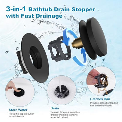 Hibbent 3 in 1 Metal Bathtub Drain Stopper, Universal Pop Up Tub Stopper - color: Matte Black