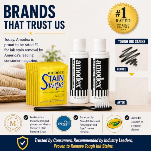 Amodex Ink & Stain Remover Arsenal, Safe and Effective on Clothes, Leather and Skin, Full Set for all your Stain Removal Needs, Includes 2 Bottles, 1 Brush, 10 Wipes - style: Stain Remover Arsenal Kit