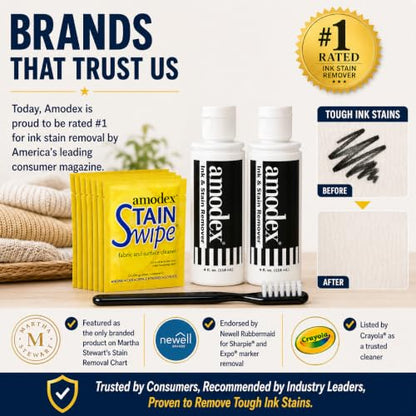 Amodex Ink & Stain Remover Arsenal, Safe and Effective on Clothes, Leather and Skin, Full Set for all your Stain Removal Needs, Includes 2 Bottles, 1 Brush, 10 Wipes - style: Stain Remover Arsenal Kit