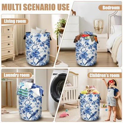 Blue Flower Bird Laundry Basket, Foldable Waterproof Laundry Hamper Tote Bag Dirty Clothes Storage Bucket Organizer for Bathroom/Laundry/Bedroom 15.7"x19.6" - color: Blue Bird Flower