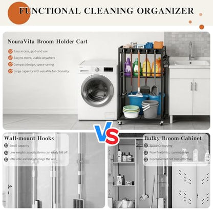 Broom Holder with Cleaning Supplies Organizer,Rolling Cleaning Cart