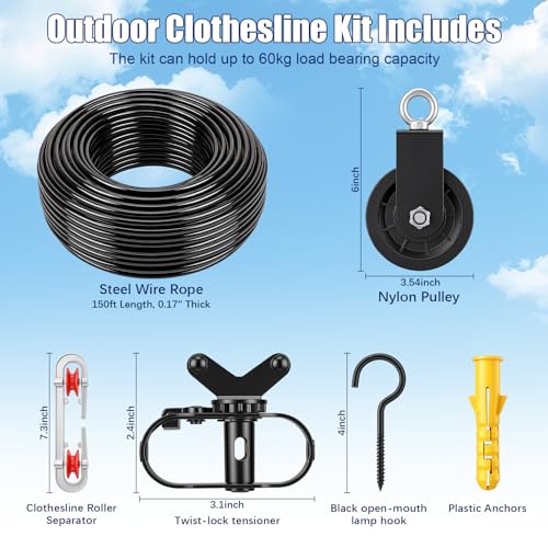 Hicarer 150ft Outdoor Clothesline Kit Black PVC Coated Galvanized Clothes Steel Line Pulley Kit with Clothesline Heavy Duty Nylon Pulley M10 Metal Hooks Winch Separator Clothes Line for Backyard