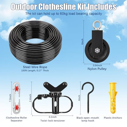 Hicarer 150ft Outdoor Clothesline Kit Black PVC Coated Galvanized Clothes Steel Line Pulley Kit with Clothesline Heavy Duty Nylon Pulley M10 Metal Hooks Winch Separator Clothes Line for Backyard