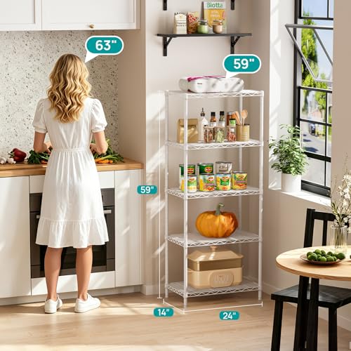 SINGAYE 5 Metal Shelves Wire Shelving Storage Shelf Adjustable Unit Pantry - color: White, size: 5 Tier 14"Dx24"Wx59.5"H