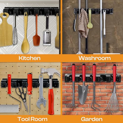 ABS Plastic Broom Holder Wall Mount, 5 Slots & 6 Hooks - size: 5 Slots & 6 Hooks